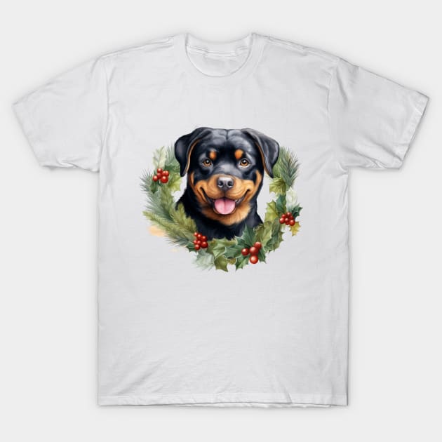 Christmas Rottweiler Dog Wreath T-Shirt by Chromatic Fusion Studio